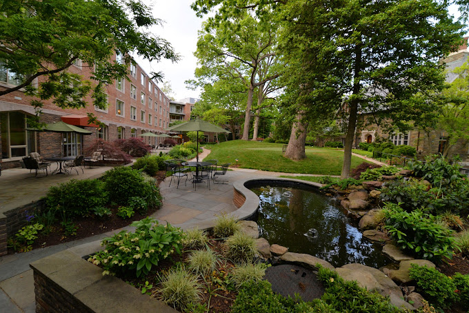 Scenic outdoor garden with patio seating, pond, and lush greenery at Knollwood community.